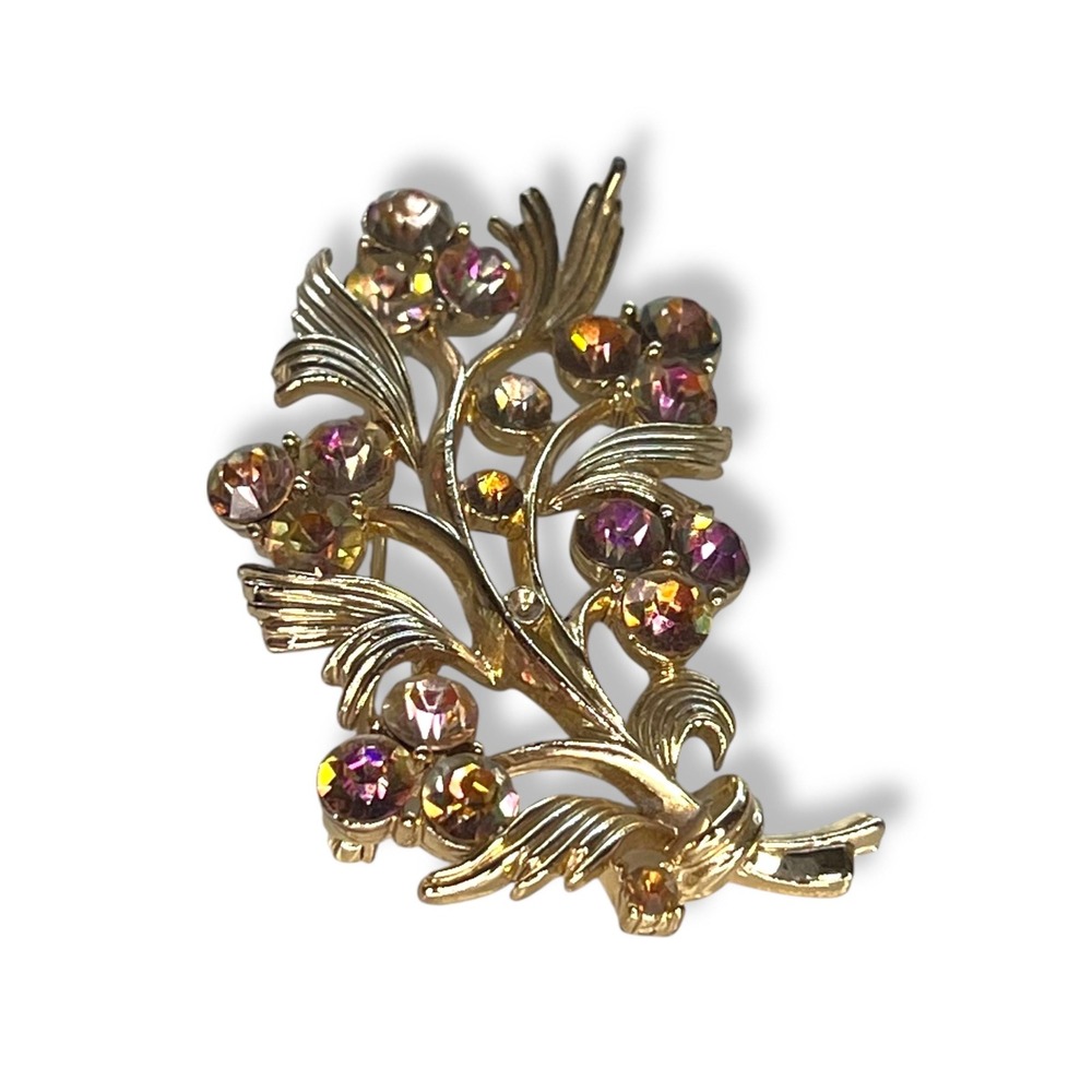 Vintage Lisner Brooch AB Stones Flower Bouquet Gold Tone Signed 50s 60s Cottage